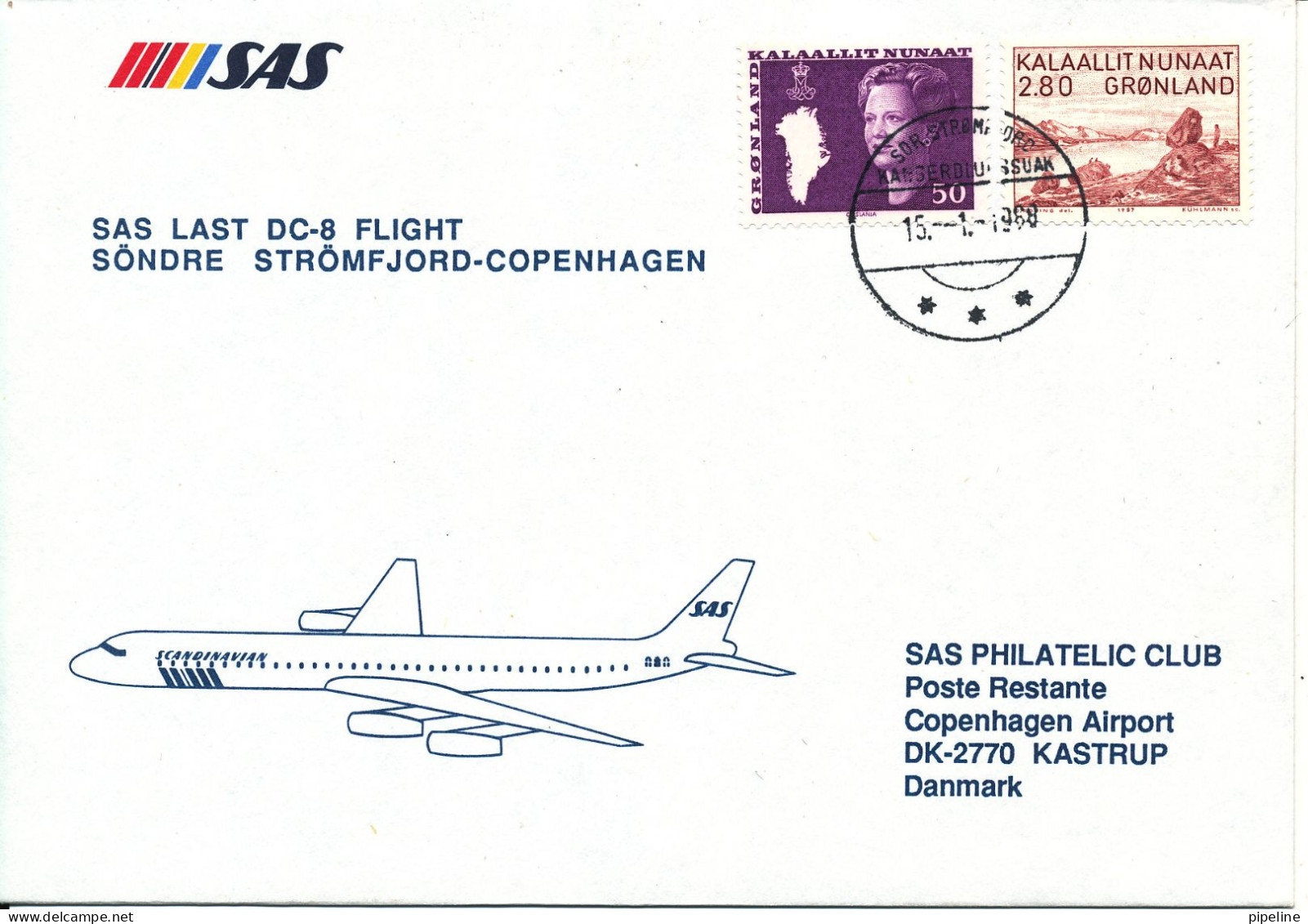 Greenland Last SAS DC-8 Flight Sdr. Strömfjord - Copenhagen 15-1-1988 - Lettres & Documents