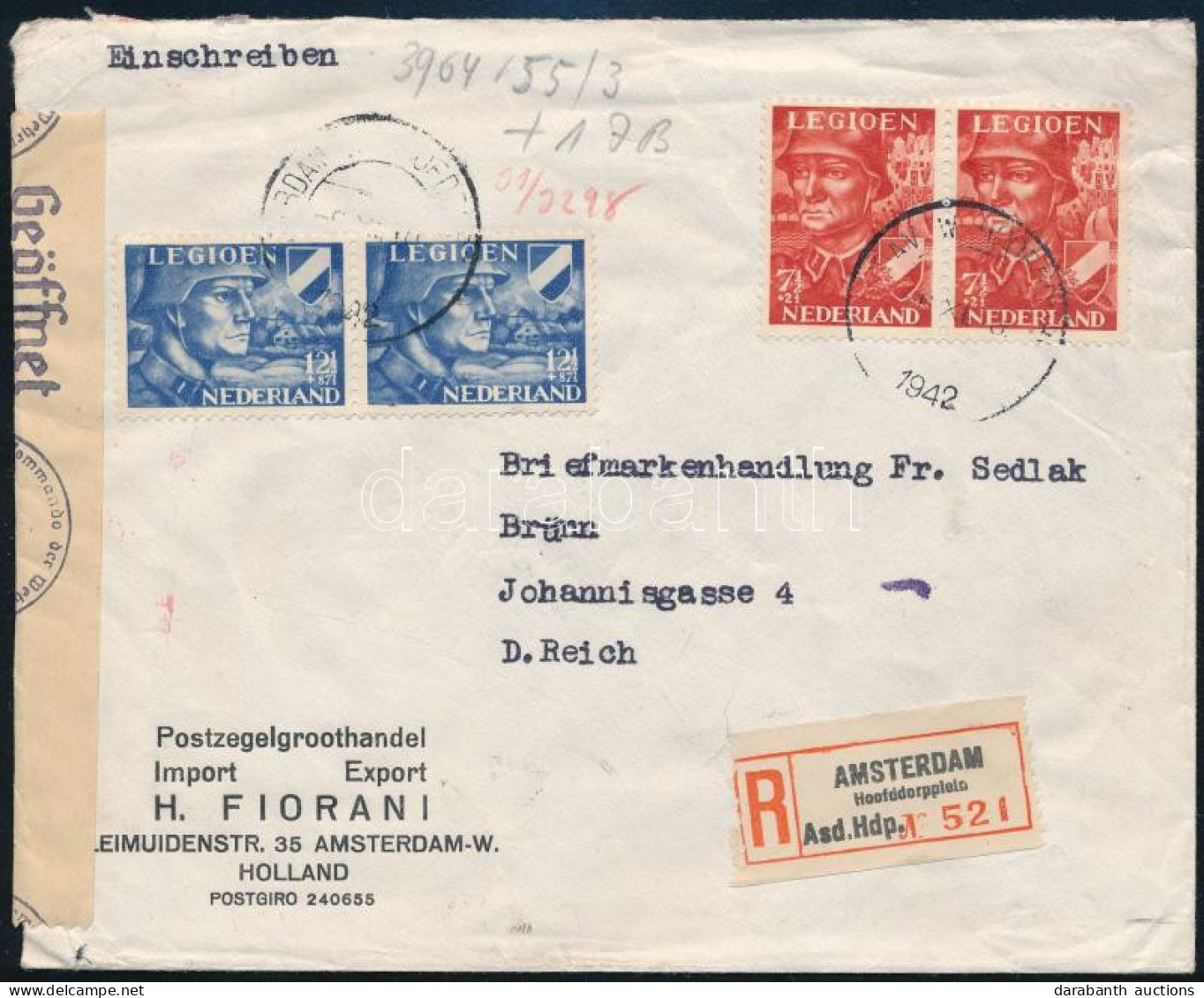 Hollandia 1942 Ajánlott Cenzúrás Levél SS - Légió Bélyegekkel Amszterdamból Brünn-be RR! - Sonstige & Ohne Zuordnung