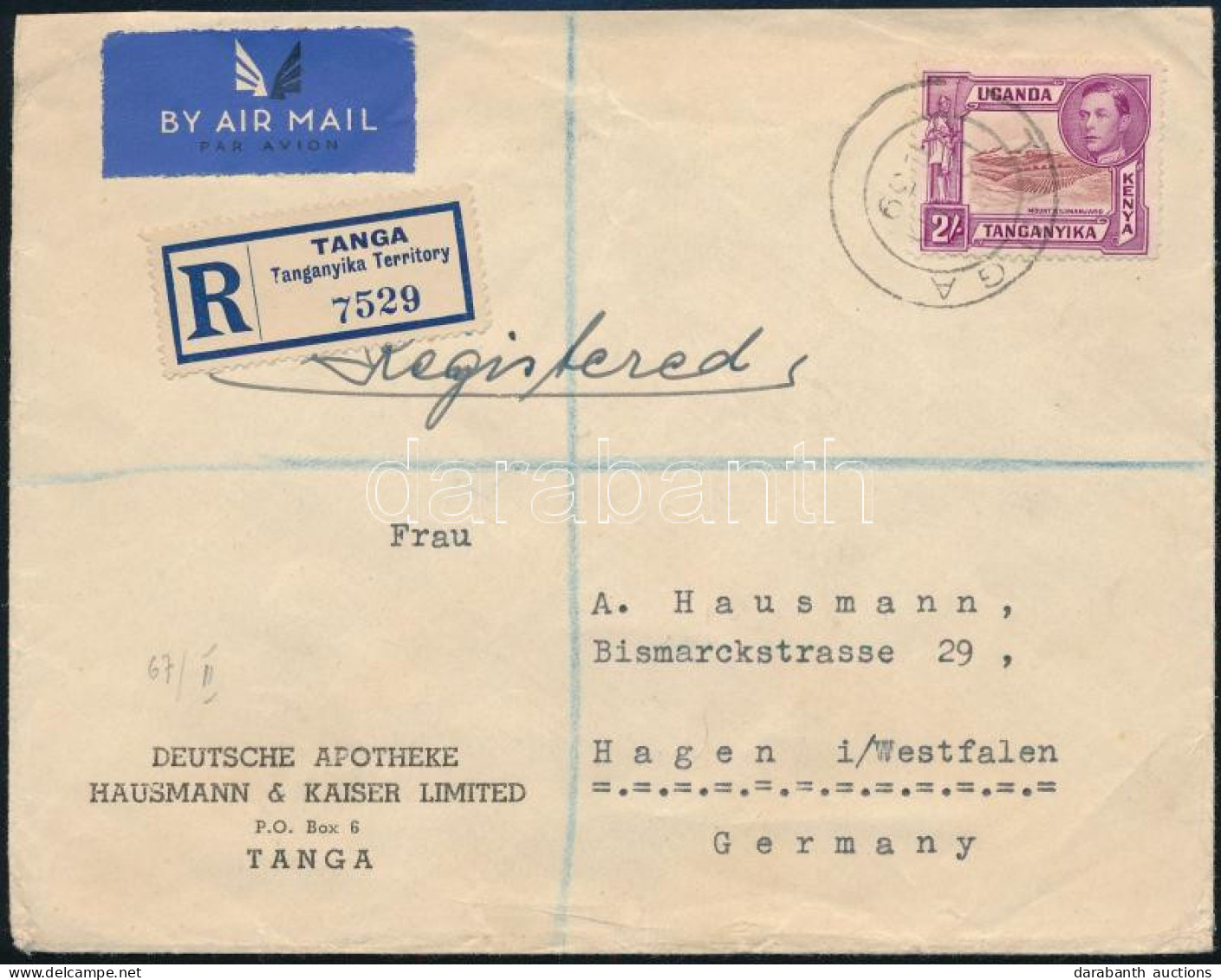 Kelet-Afrikai Közösség 1939 Ajánlott Légi Levél Előnyomott Borítékon "TANGA" - Hagen (Németország) - Other & Unclassified