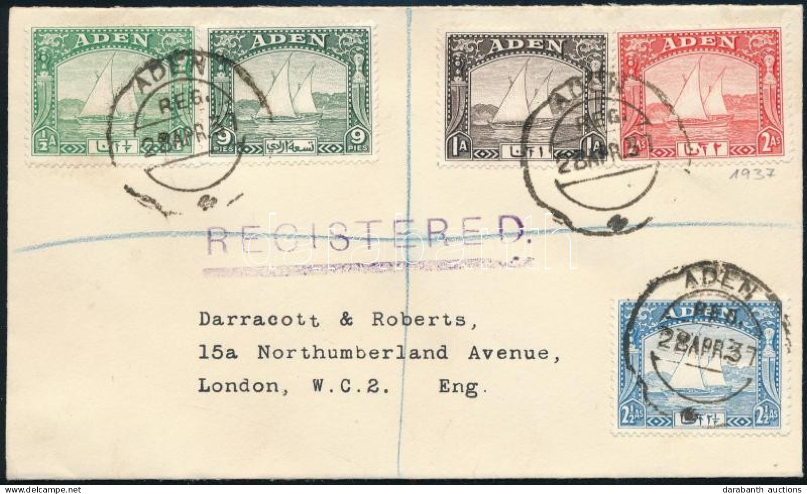 Aden 1937 Ajánlott Levél Londonba Küldve - Autres & Non Classés