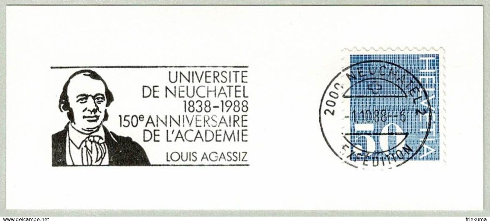 Schweiz / Helvetia 1988, Flaggenstempel Université / Universität Neuchâtel, Louis Agassiz, Naturforscher - Naturaleza