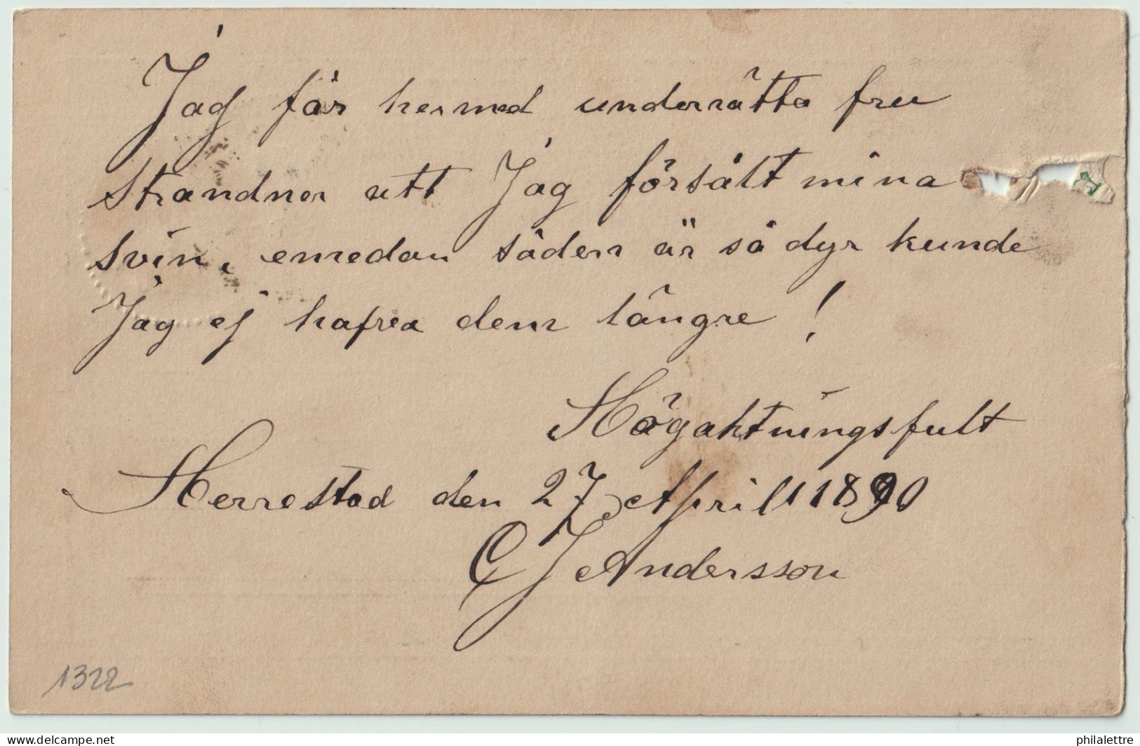 SUÈDE / SWEDEN - 1890 - TPO CDS "FOGELSTA-ÖDESHOG" On 5ö Postal Card Mi.P12aA Addressed From Herrestad To Hästholmen - Cartas & Documentos