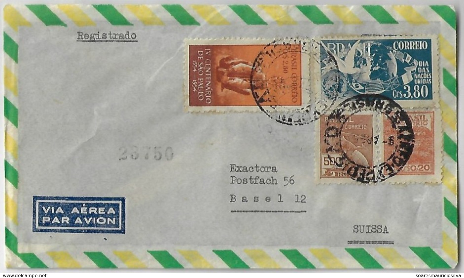 Brazil 1953 Registered Airmail Cover From João Pessoa To Basel Switzerland 2 Commemoretive Stamp + 2 Definitive - Covers & Documents