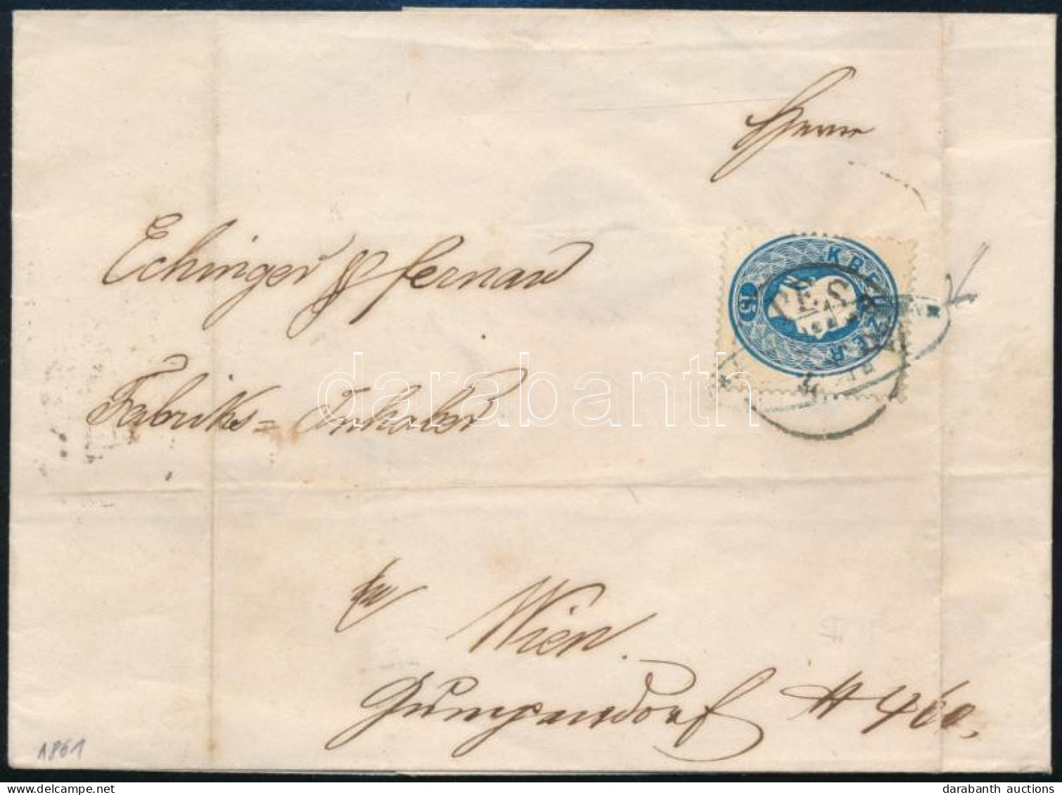 1861 15kr Levélen Kék Cégbélyegzős Előérvénytelenítéssel "PESTH" - Wien - Sonstige & Ohne Zuordnung