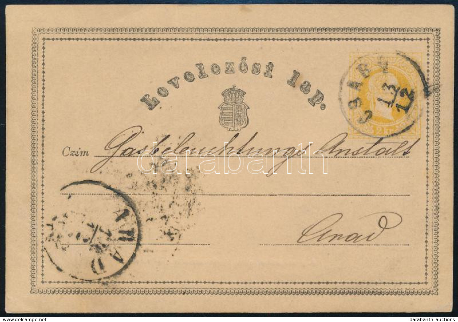 1870 2kr Díjjegyes Levelezőlap / PS-card "CSABA" - Arad - Otros & Sin Clasificación