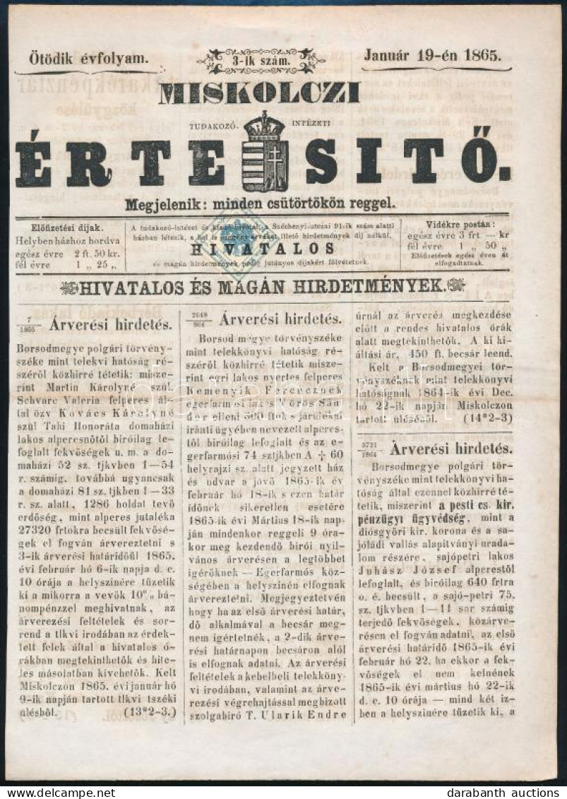 1865 Hírlapilleték 1kr Miskolczi Értesítőn - Other & Unclassified