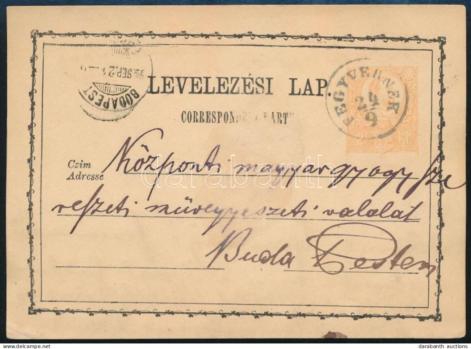 1874 2kr Díjjegyes Levelezőlap "FEGYVERNEK" - Budapest - Autres & Non Classés