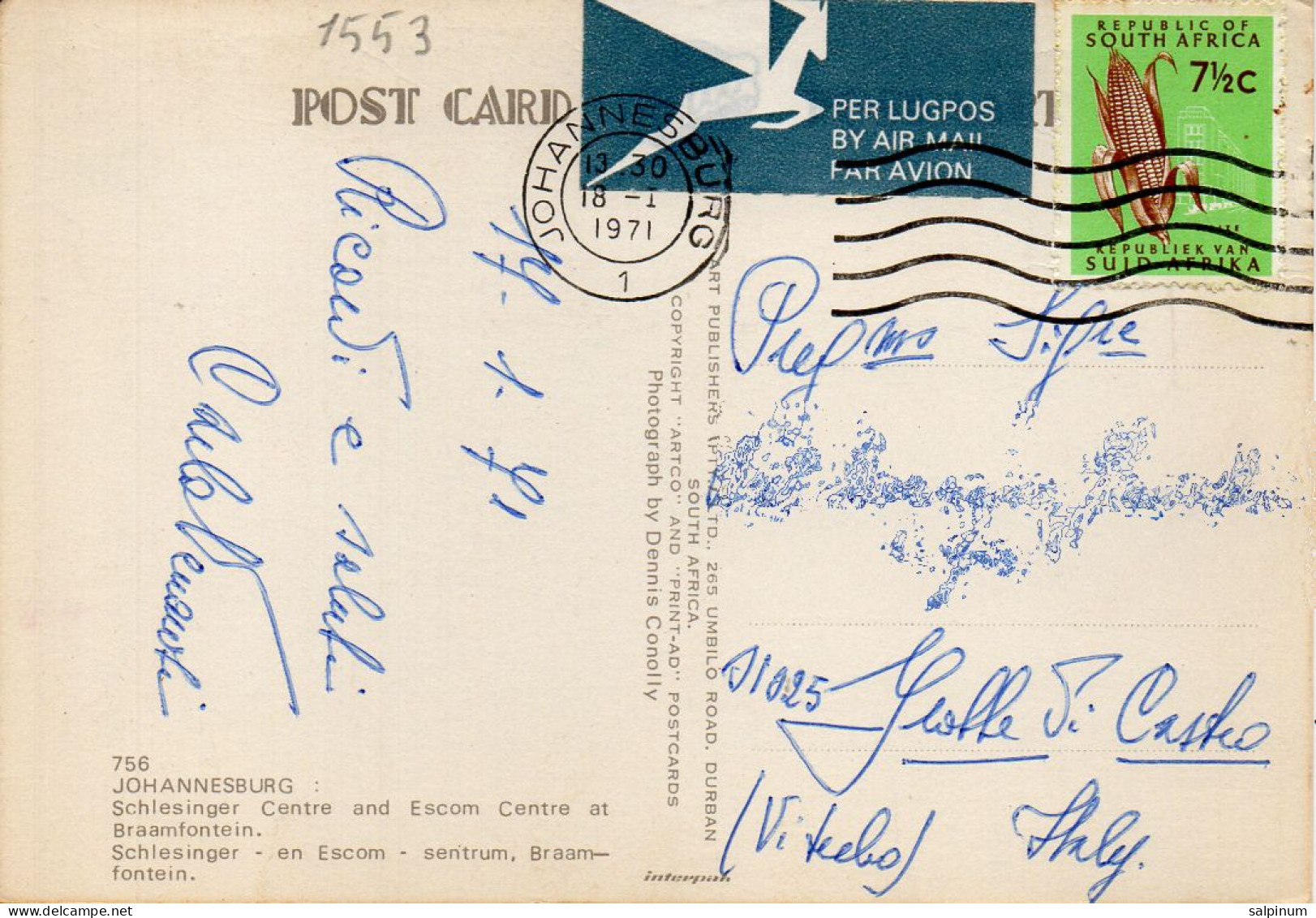 Philatelic Postcard With Stamps Sent From SOUTH AFRICA To ITALY - Briefe U. Dokumente