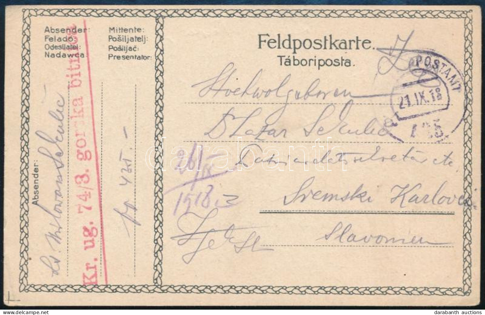 1918 Tábori Posta Levelezőlap "Kr. Ug. 74/3. Gorska Bitnica" + "FP 435 A" - Autres & Non Classés