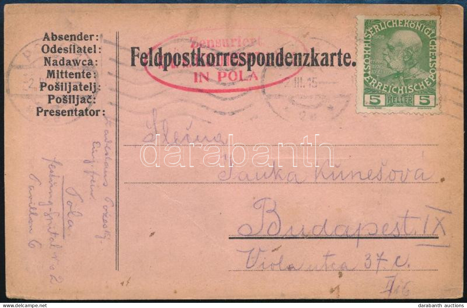 1915 Tábori Posta Levelezőlap 5h Bérmentesítéssel "POLA" - Sonstige & Ohne Zuordnung