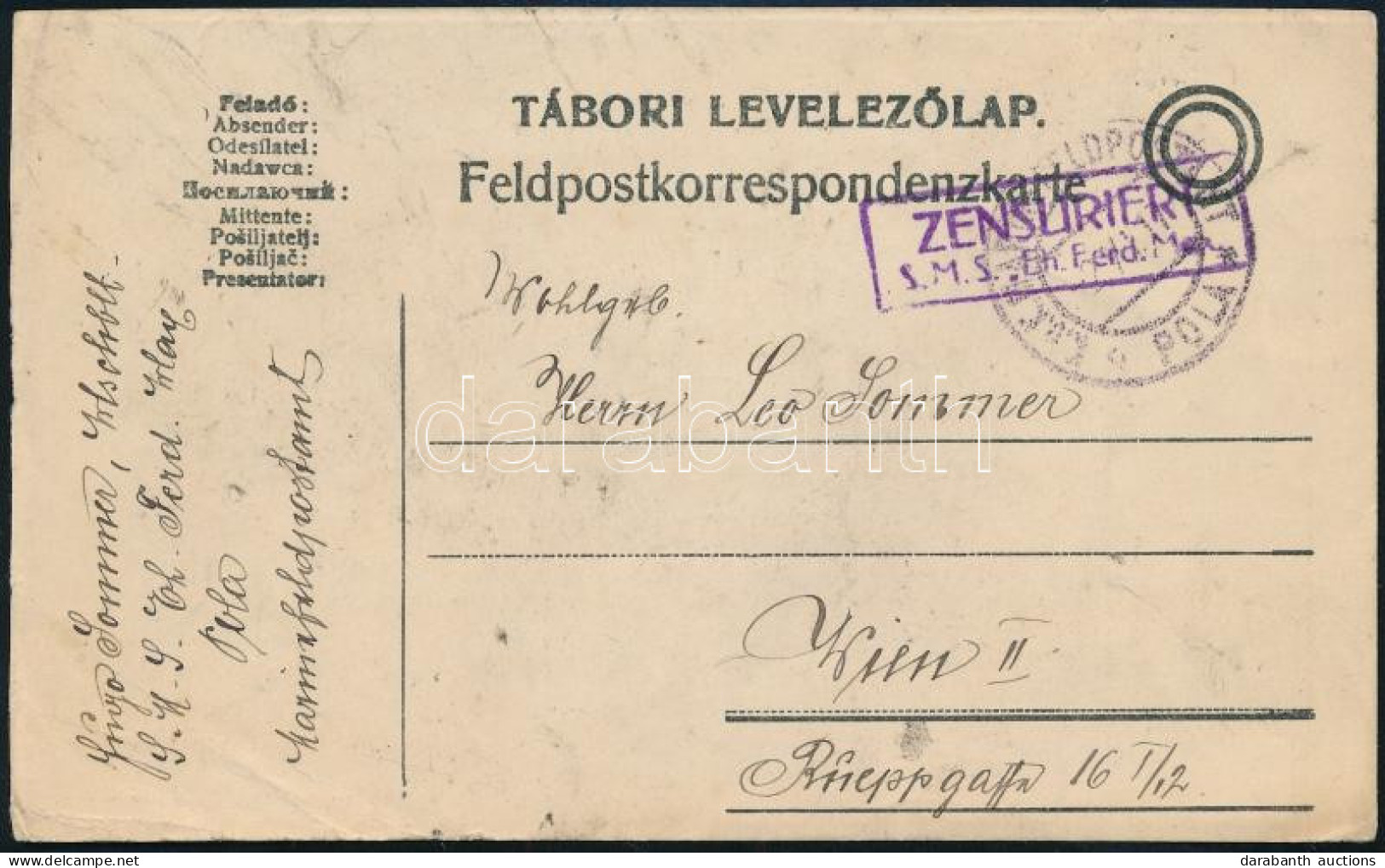 1917 Magyar Tábori Posta Levelezőlap "K.u.K. MARINEFELDPOSTAMT POLA" , "ZENSURIERT / S.M.S. Eh. Ferd. Max" Bécsbe Küldve - Andere & Zonder Classificatie