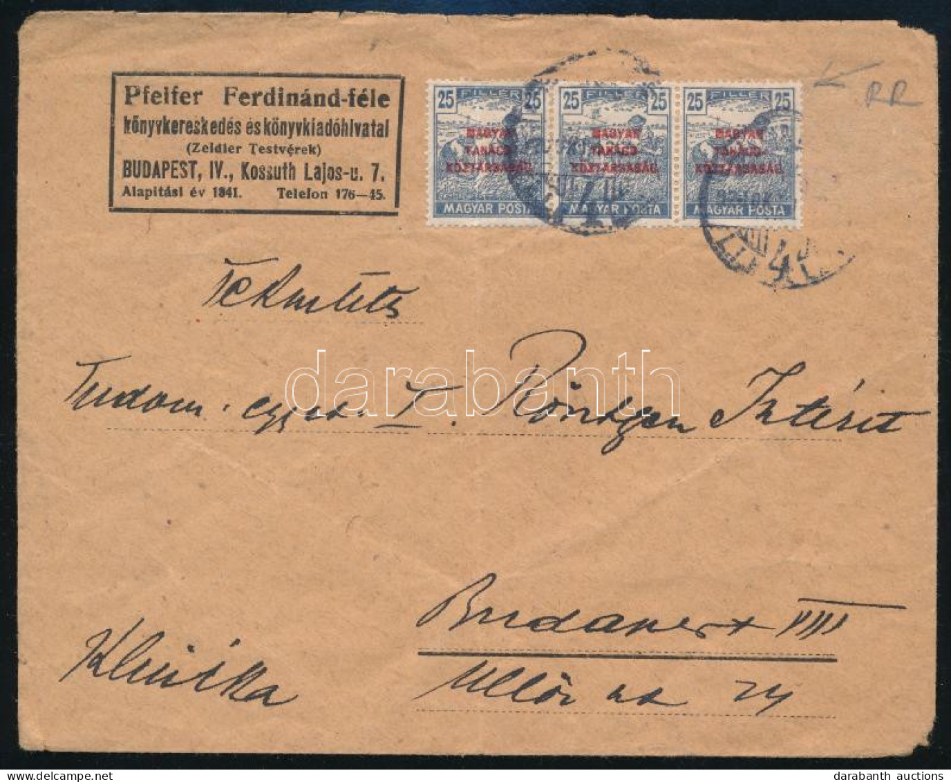 1920 Budapest Helyi Levél 3 X 25f Bérmentesítéssel, 1 Bélyeg Hiányzik - Other & Unclassified