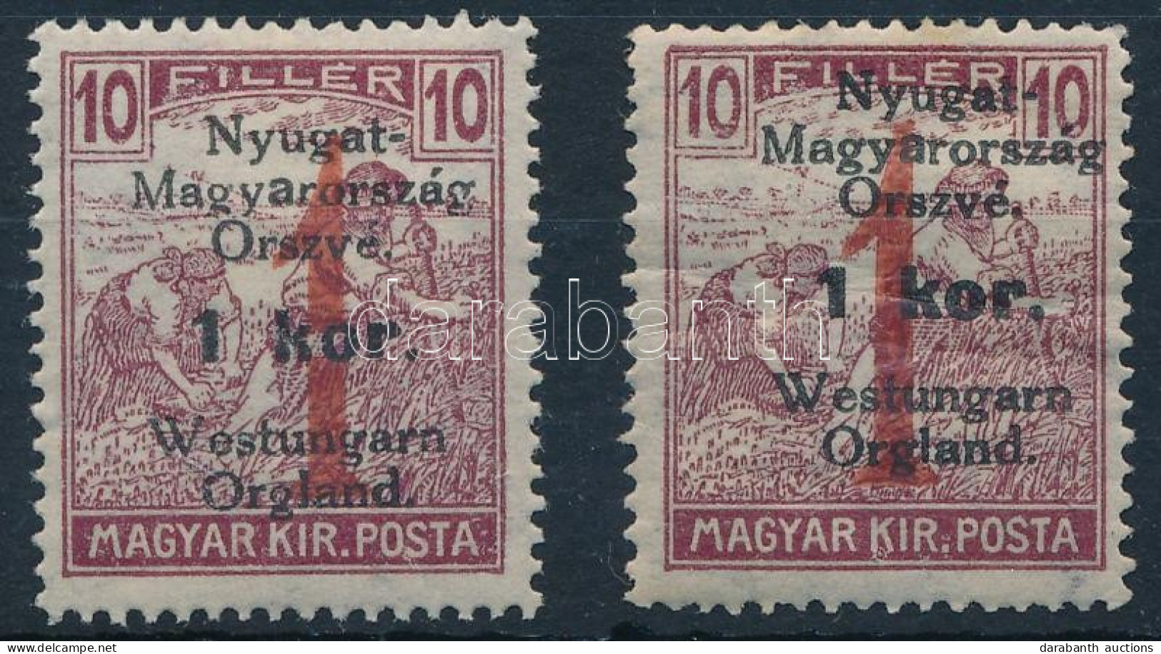 * Nyugat-Magyarország VI. 1921 1K/10f Törött 1-es Tévnyomattal, Bodor Vizsgálójellel + Támpéldány - Autres & Non Classés