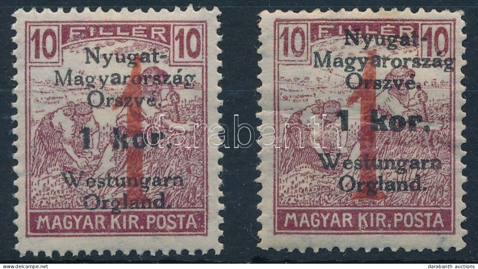 * Nyugat-Magyarország VI. 1921 1K/10f Törött 1-es Tévnyomattal, Bodor Vizsgálójellel + Támpéldány - Other & Unclassified