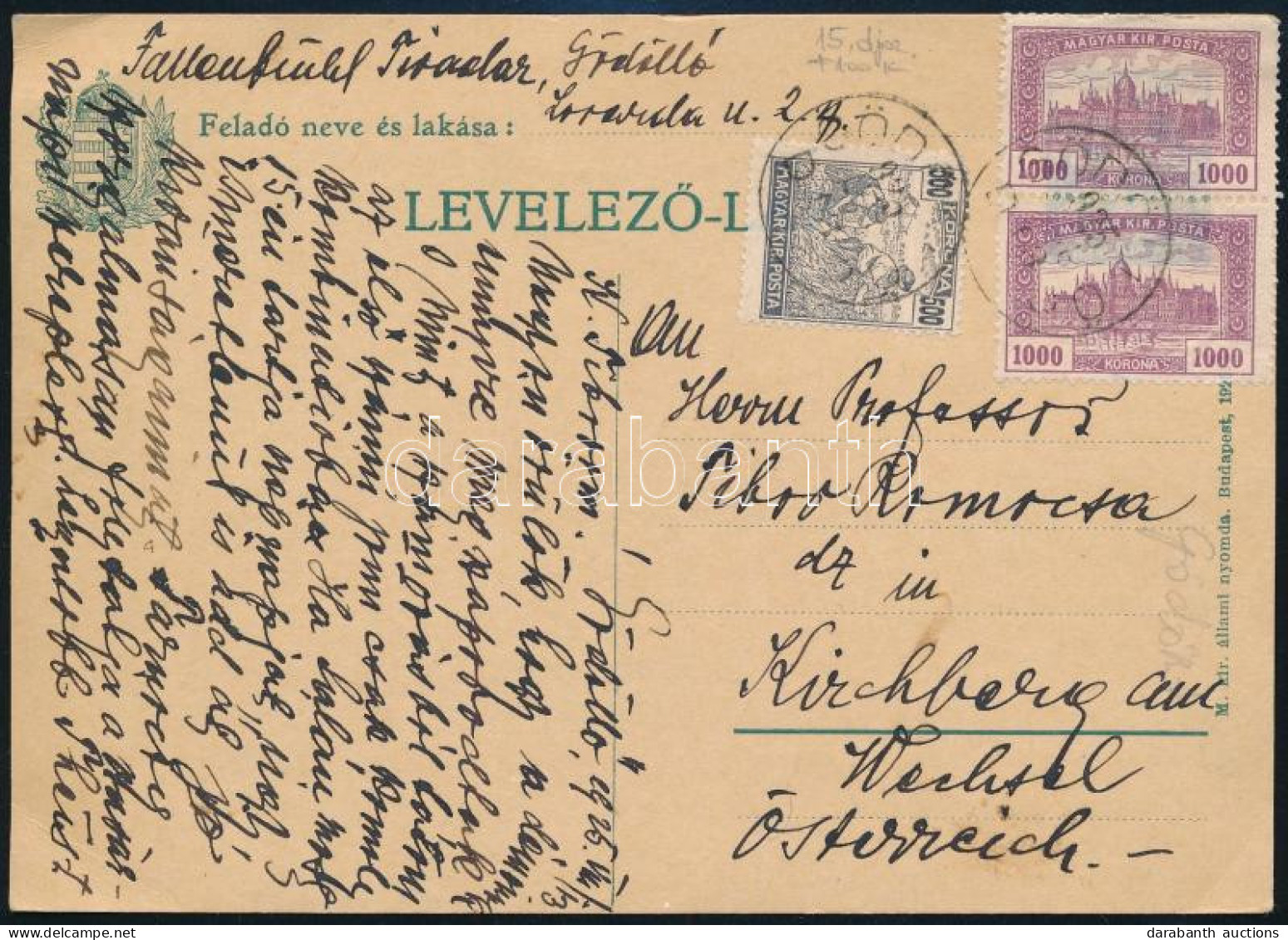 1925 Levelezőlap 2.500K Bérmentesítéssel Ausztriába "GÖDÖLLŐ" - Other & Unclassified