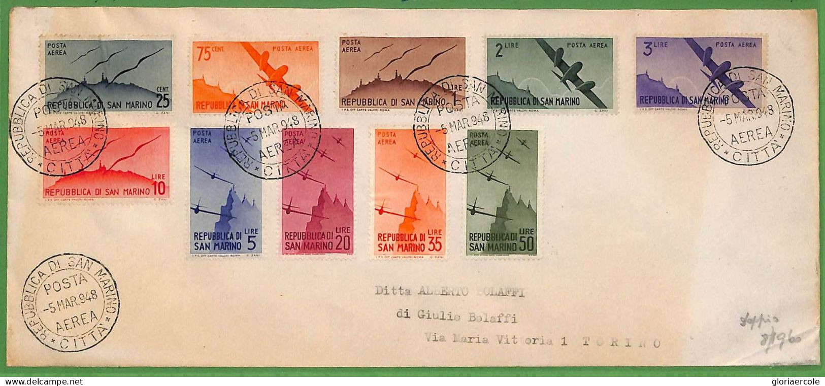 ZA1606 - SAN MARINO -  Storia Postale -  COVER Busta AIRMAIL 50/59 Not FDC 1948 - FDC