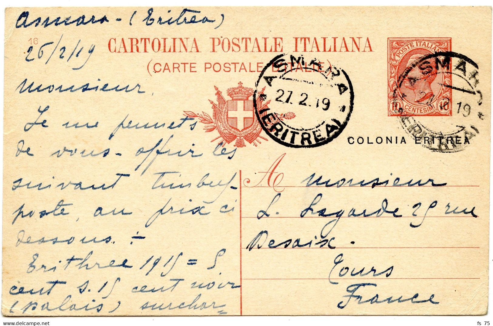 ITALIE - CARTE POSTALE 10C LEONI D'ASMARA POUR LA FRANCE, 1919 - European And Asian Offices