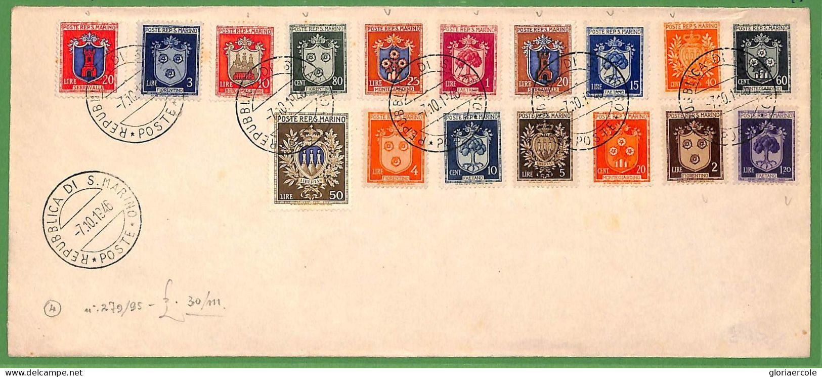 ZA1607 - SAN MARINO -  Storia Postale - Sassone 279/95 Su BUSTA   Not FDC  1946 - FDC