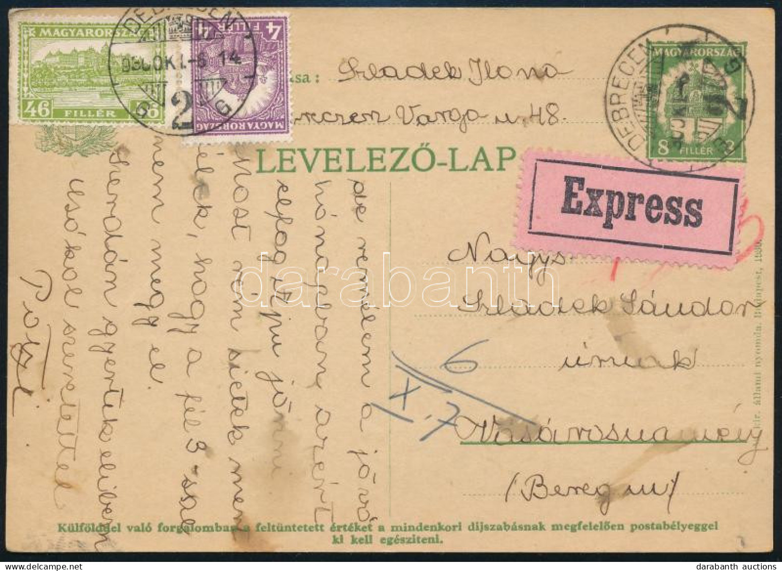 1930 Expressz 8f Díjjegyes Levelezőlap Pengő-fillér 4f + 46f Díjkiegészítéssel "DEBRECEN" - Vásárosnamény - Sonstige & Ohne Zuordnung