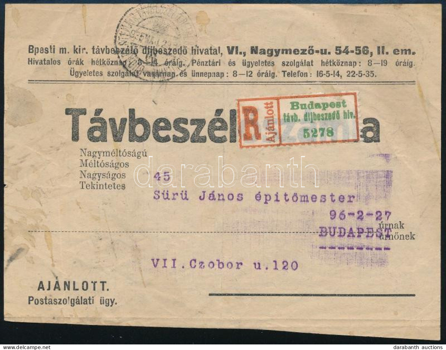 1935 Ajánlott Távbeszélő Számla Különleges Ragjeggyel "BUDAPEST" - Andere & Zonder Classificatie