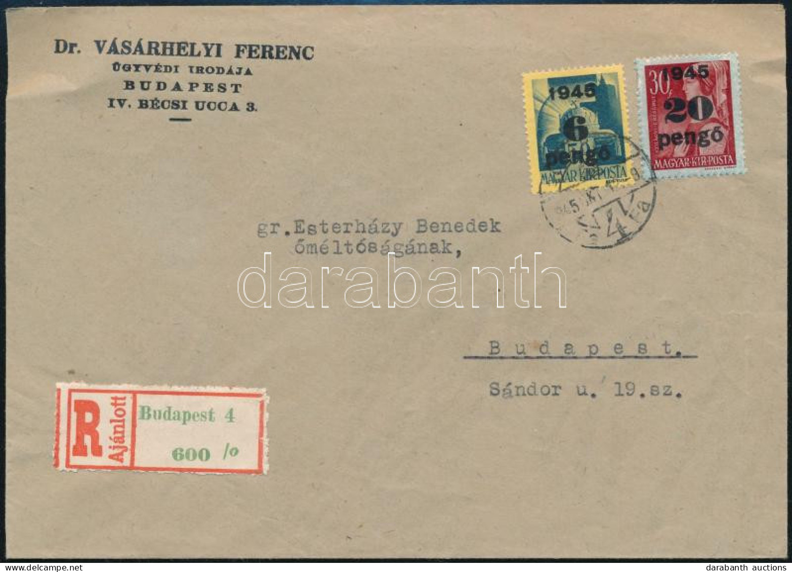 1945 (3. Díjszabás) Budapest Helyi Ajánlott Levél 26P Bérmentesítéssel - Other & Unclassified