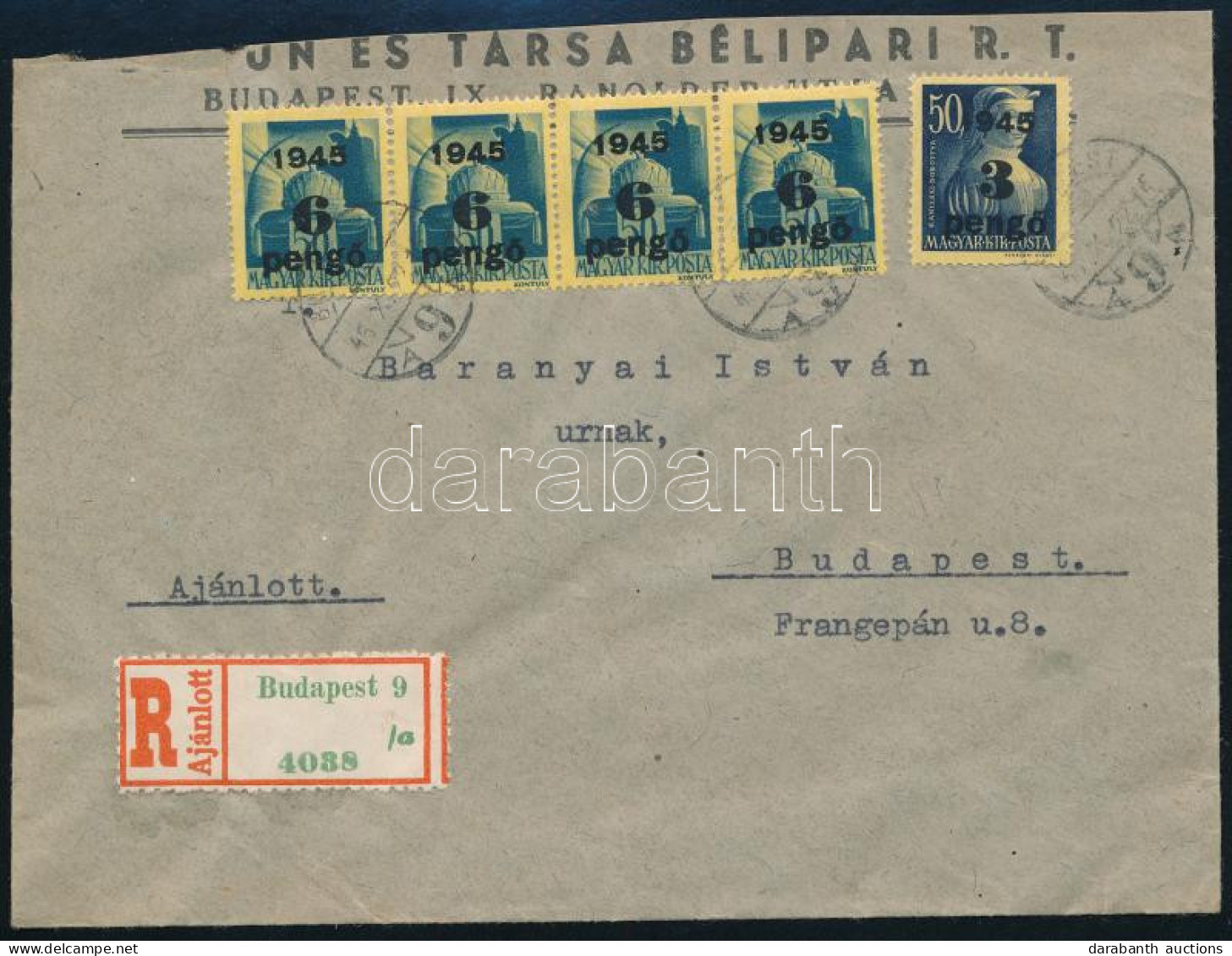 1945 (5. Díjszabás) Budapest Helyi Ajánlott Levél 5 Db Bélyeggel Bérmentesítve - Other & Unclassified