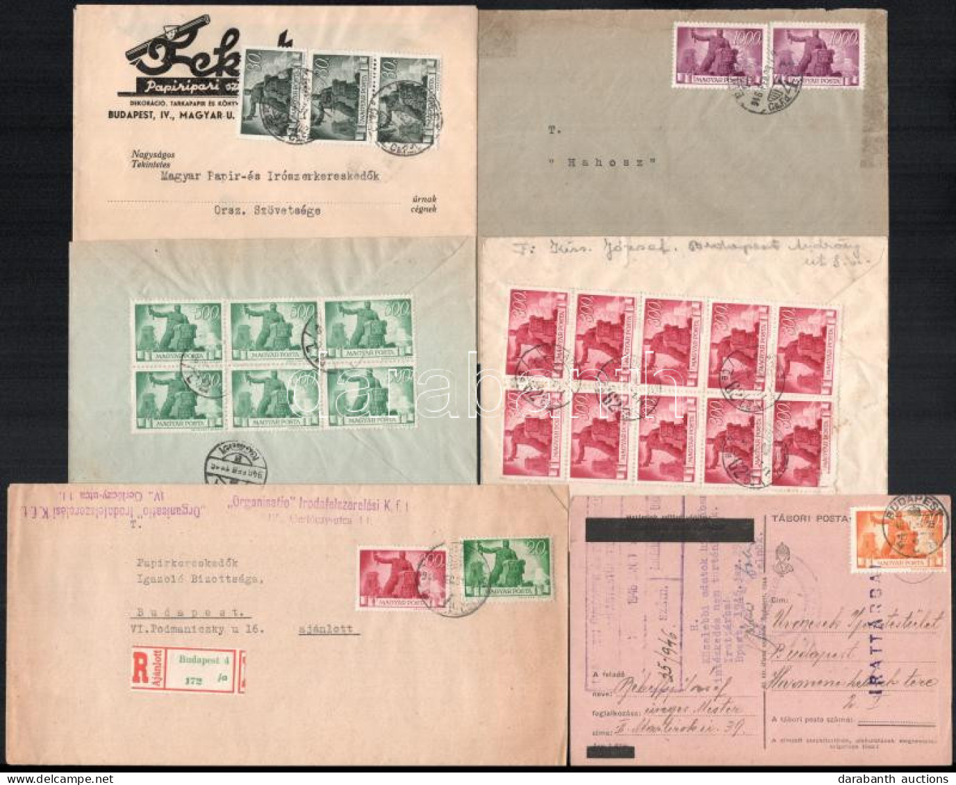 1945-46 6 Db Futott Küldemény Újjáépítés Bérmentesítéssel, 1 Db Helyi Levelezőlap, 4 Db Helyi Levél és 1 Db Távolsági Le - Autres & Non Classés