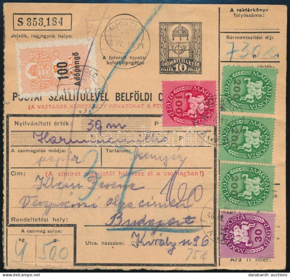 1946 (12. Díjszabás) Csomagszállító 5kg-ig 730.000P Bérmentesítéssel és 1 Db Okmánybélyeggel - Other & Unclassified