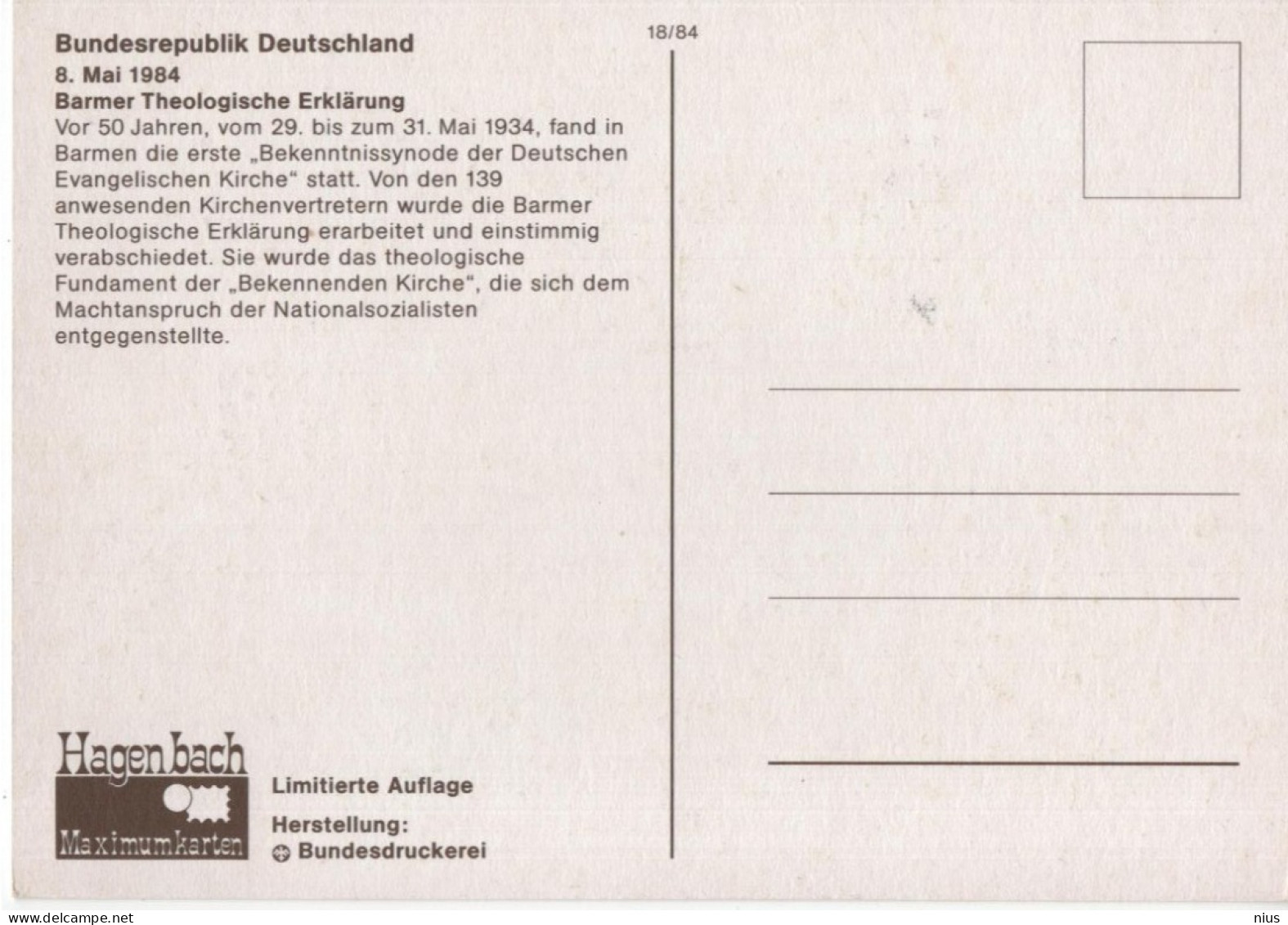 Germany Deutschland 1984 Maximum Card, 50 Jahre Barmer Theologische Erklärung, Canceled In Bonn - 1981-2000