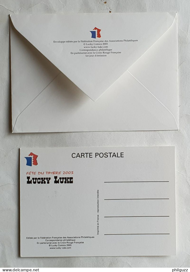 CARTE ET ENVELOPPE LUCKY LUKE AVEC TIMBRE ET FRANCHISSEMENT 1ER JOUR 2003 - Tarjetas Postales