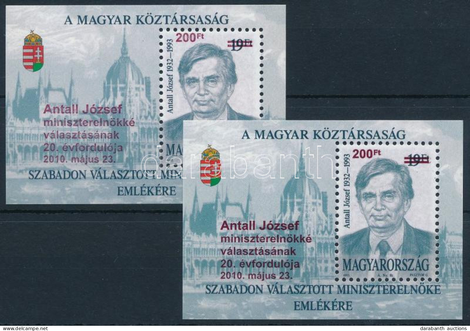 ** 2010 Antall József 2 Db Felülnyomott Blokk: Színeltérés és Elcsúszott, Eltérő Színű Felülnyomás (8.000+) - Autres & Non Classés