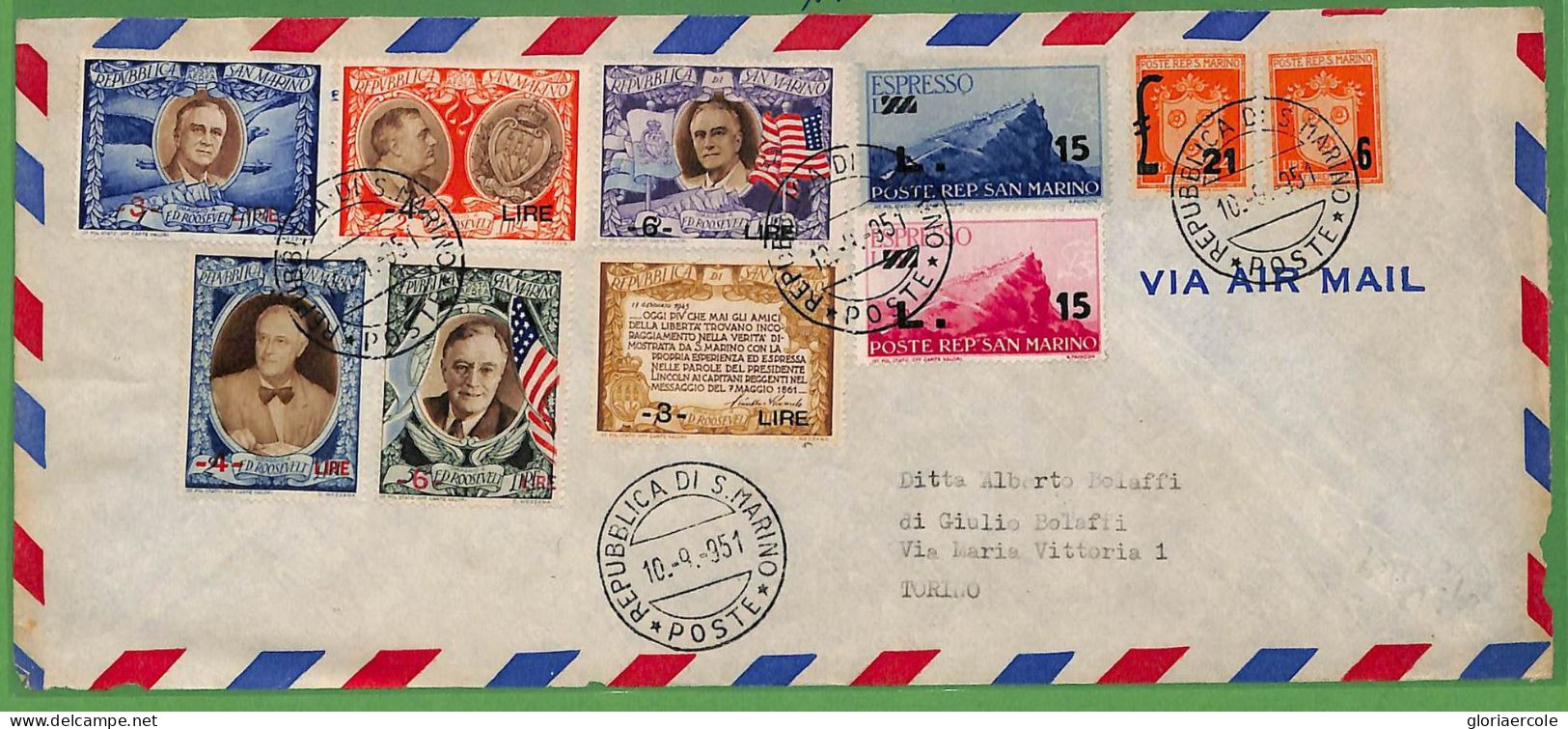 ZA1609 - SAN MARINO -  Storia Postale -  ROOSEVELT  Sovrastampati Su BUSTA  1951 - FDC