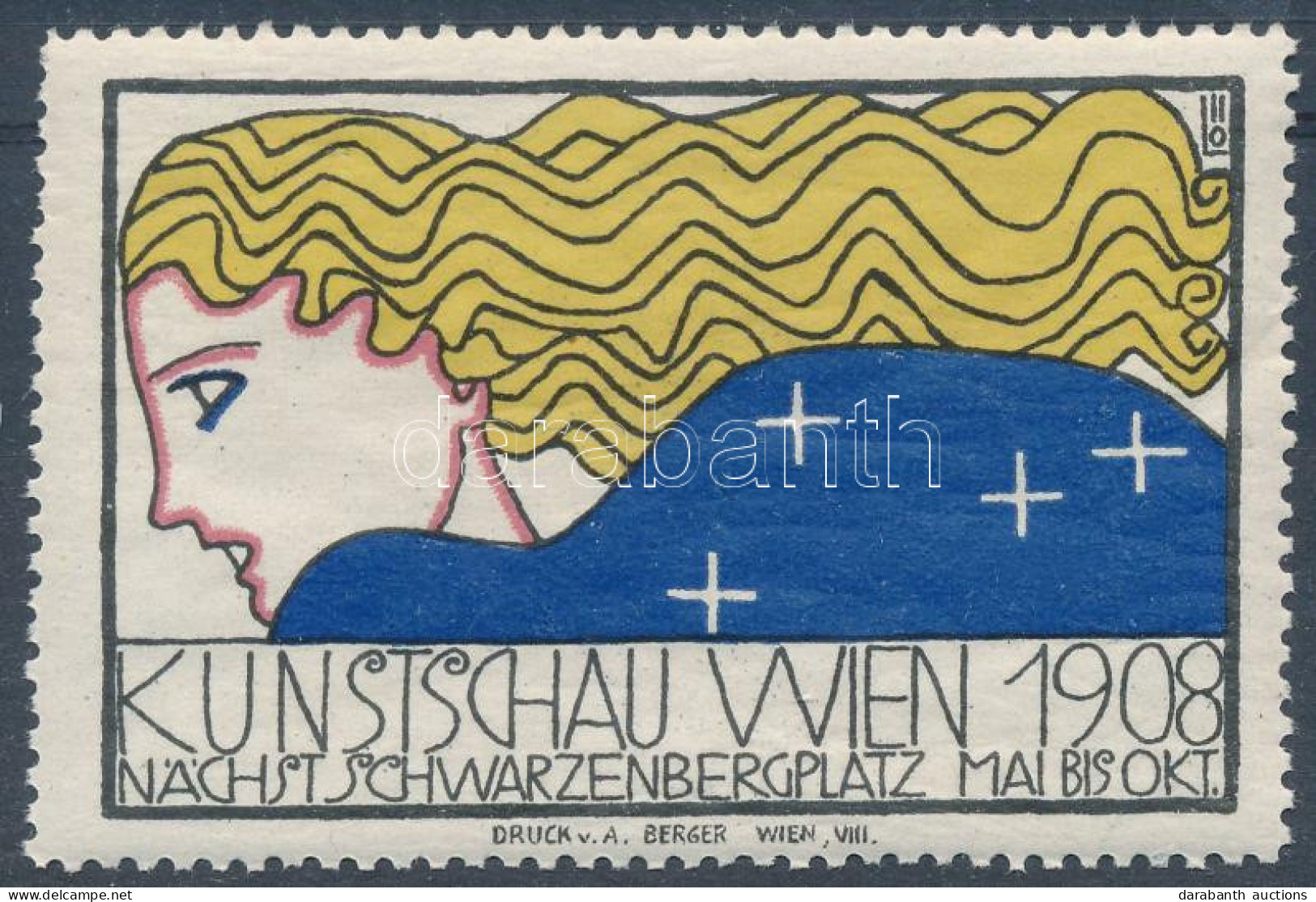 Ritka Wiener Werkstätte Reklámcimke:  Kunstschau Wien 1908, Tervezte Bertold Löffler, LŐ Szignóval, Nyomás A. Berger Wie - Ohne Zuordnung