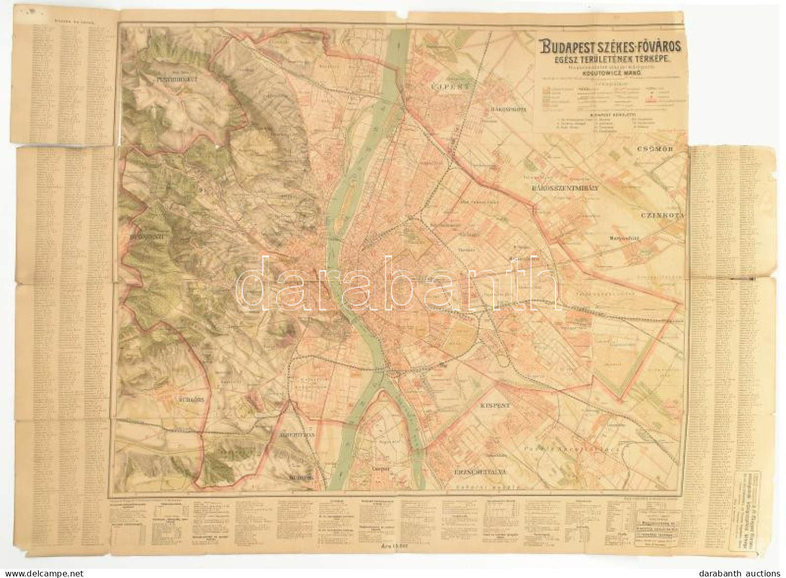 1907 Budapest Térképe Kugotuwicz Manó 116x60 Cm Sérült Borítóval, Beszakadásokkal - Autres & Non Classés