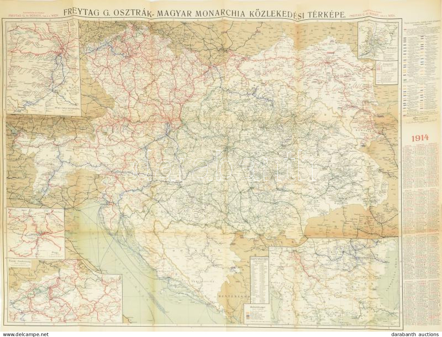 Freytag G. 1914-évi Közlekedési Térkép Osztrák-Magyar Monarchia és Balkánországokról 110x75 Cm + 55 Oldalas Kísérő Füzet - Otros & Sin Clasificación