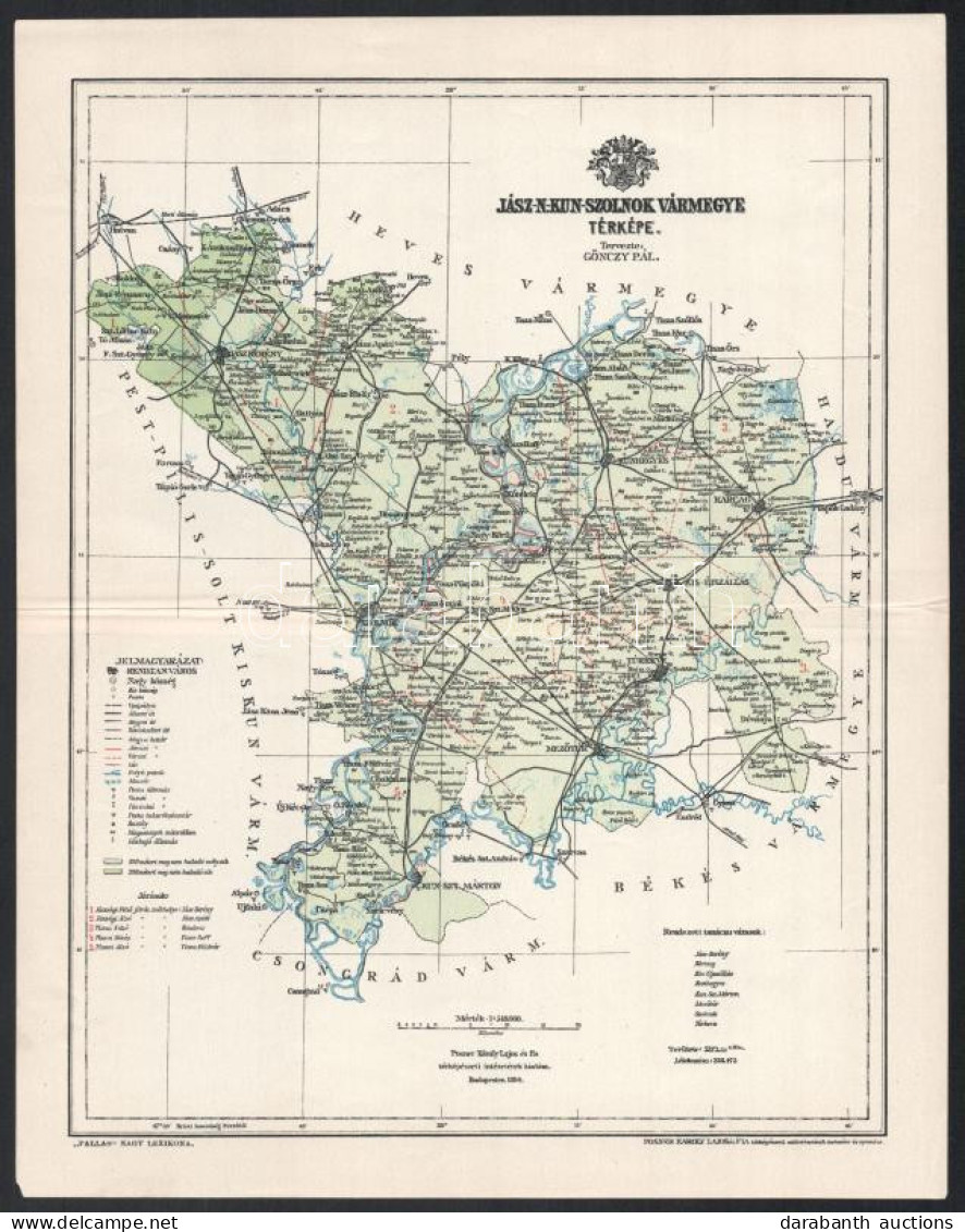 1894 Jász-Nagykun-Szolnok Vármegye Térképe, Tervezte: Gönczy Pál, 1 : 548.000, Bp., Posner Károly Lajos és Fia, A Pallas - Autres & Non Classés