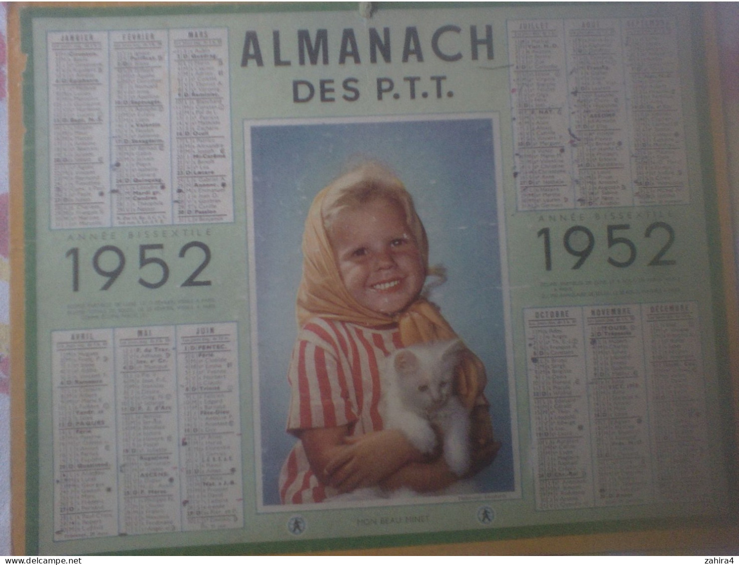 Almanach P.T.T  1952  Carton Seul 1 Volet Fillette Chaton - Groot Formaat: 1941-60