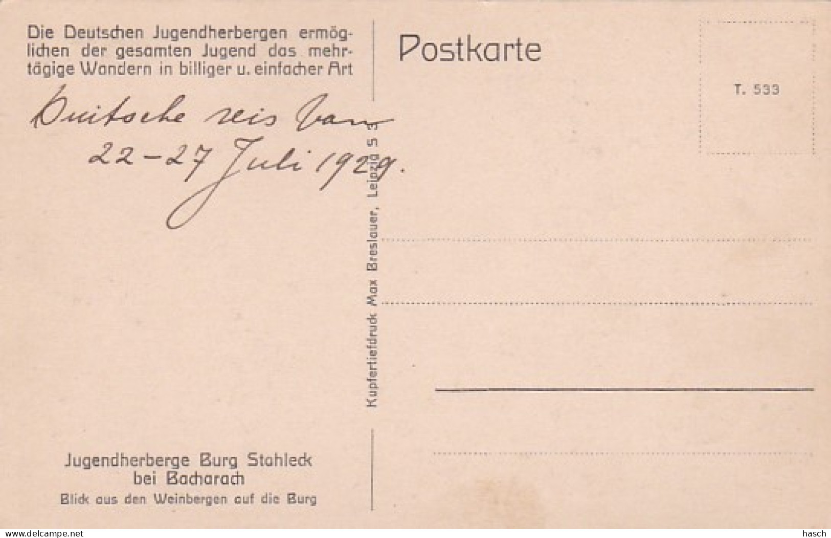 3817	77	Stahleck, Jugendherberge Burg Stahleck 1929 (sehen Ecken) - Bacharach