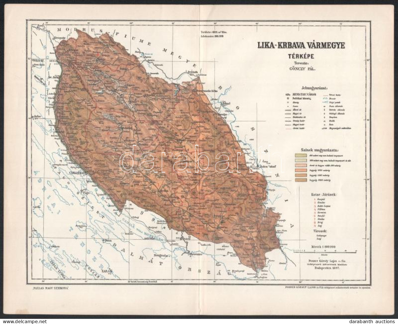 1897 Lika-Krbava Vármegye Térképe, Tervezte: Gönczy Pál, 1 : 600.000, Bp., Posner Károly Lajos és Fia, A Pallas Nagy Lex - Otros & Sin Clasificación