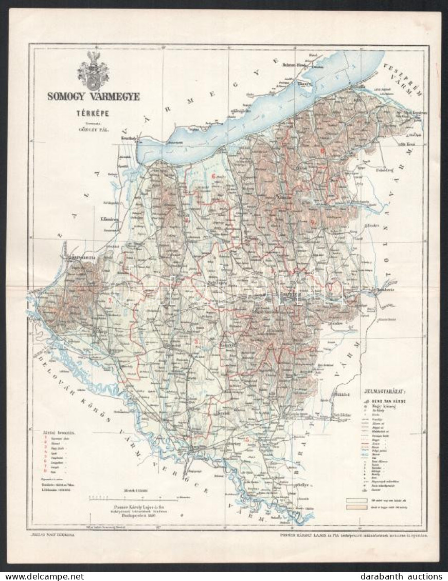 1897 Somogy Vármegye Térképe, Tervezte: Gönczy Pál, 1 : 520.000, Bp., Posner Károly Lajos és Fia, A Pallas Nagy Lexikona - Sonstige & Ohne Zuordnung