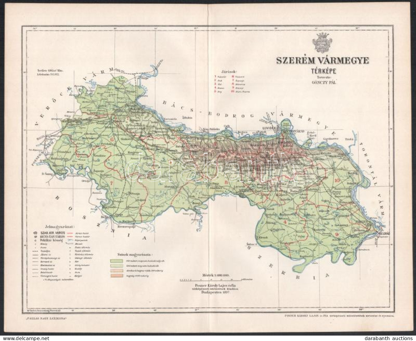 1897 Szerém Vármegye Térképe, Tervezte: Gönczy Pál, 1 : 680.000, Bp., Posner Károly Lajos és Fia, A Pallas Nagy Lexikona - Sonstige & Ohne Zuordnung