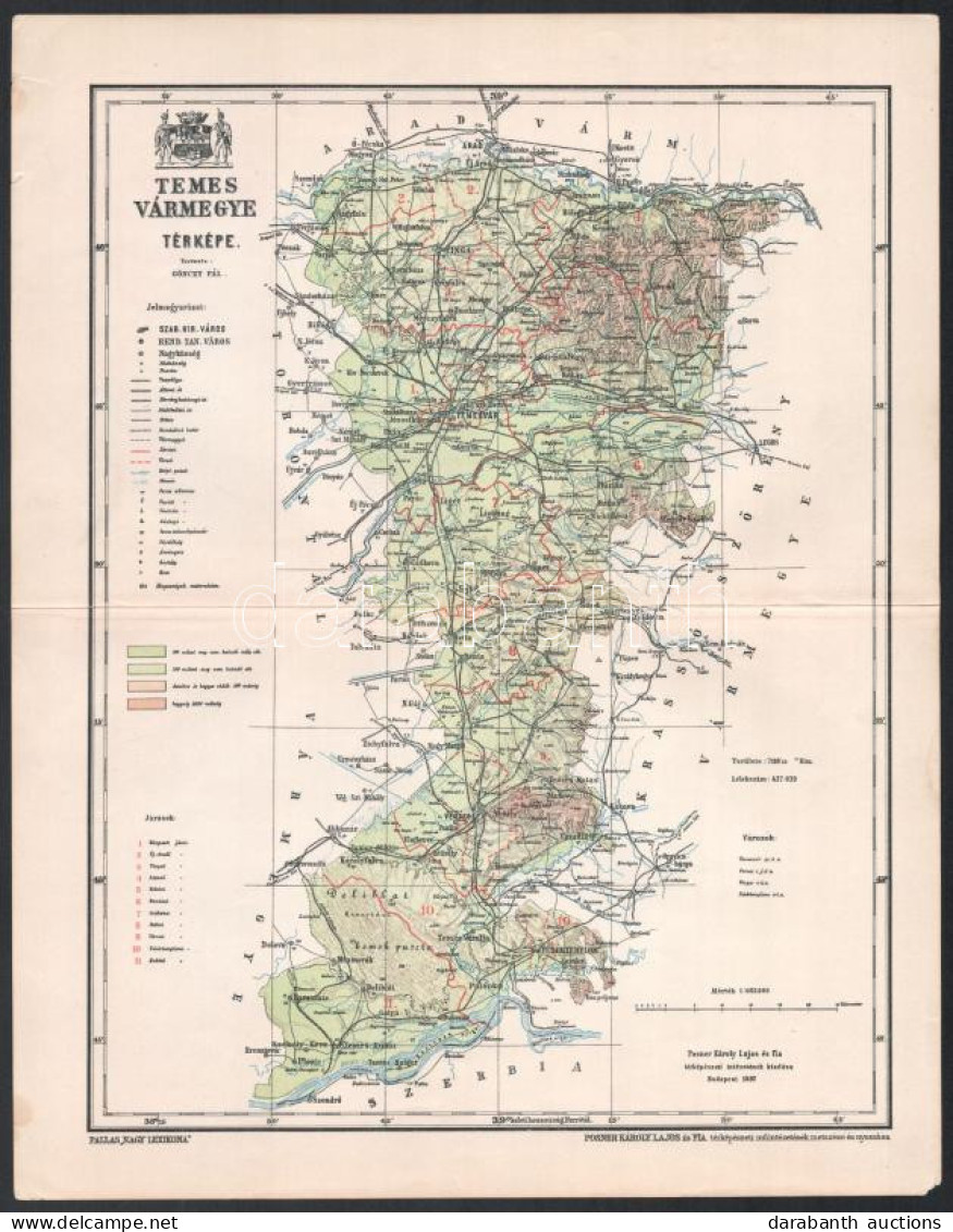 1897 Temes Vármegye Térképe, Tervezte: Gönczy Pál, 1 : 665.000, Bp., Posner Károly Lajos és Fia, A Pallas Nagy Lexikona  - Autres & Non Classés