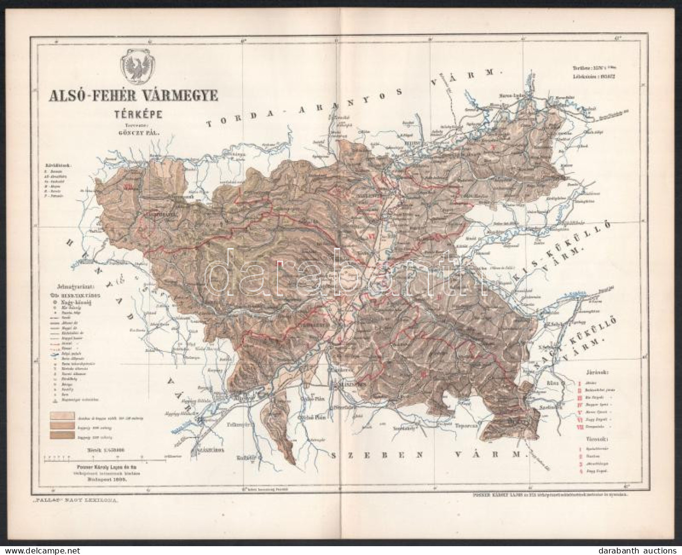 1895 Alsó-Fehér Vármegye Térképe, Tervezte: Gönczy Pál, 1 : 450.000, Bp., Posner Károly Lajos és Fia, A Pallas Nagy Lexi - Other & Unclassified