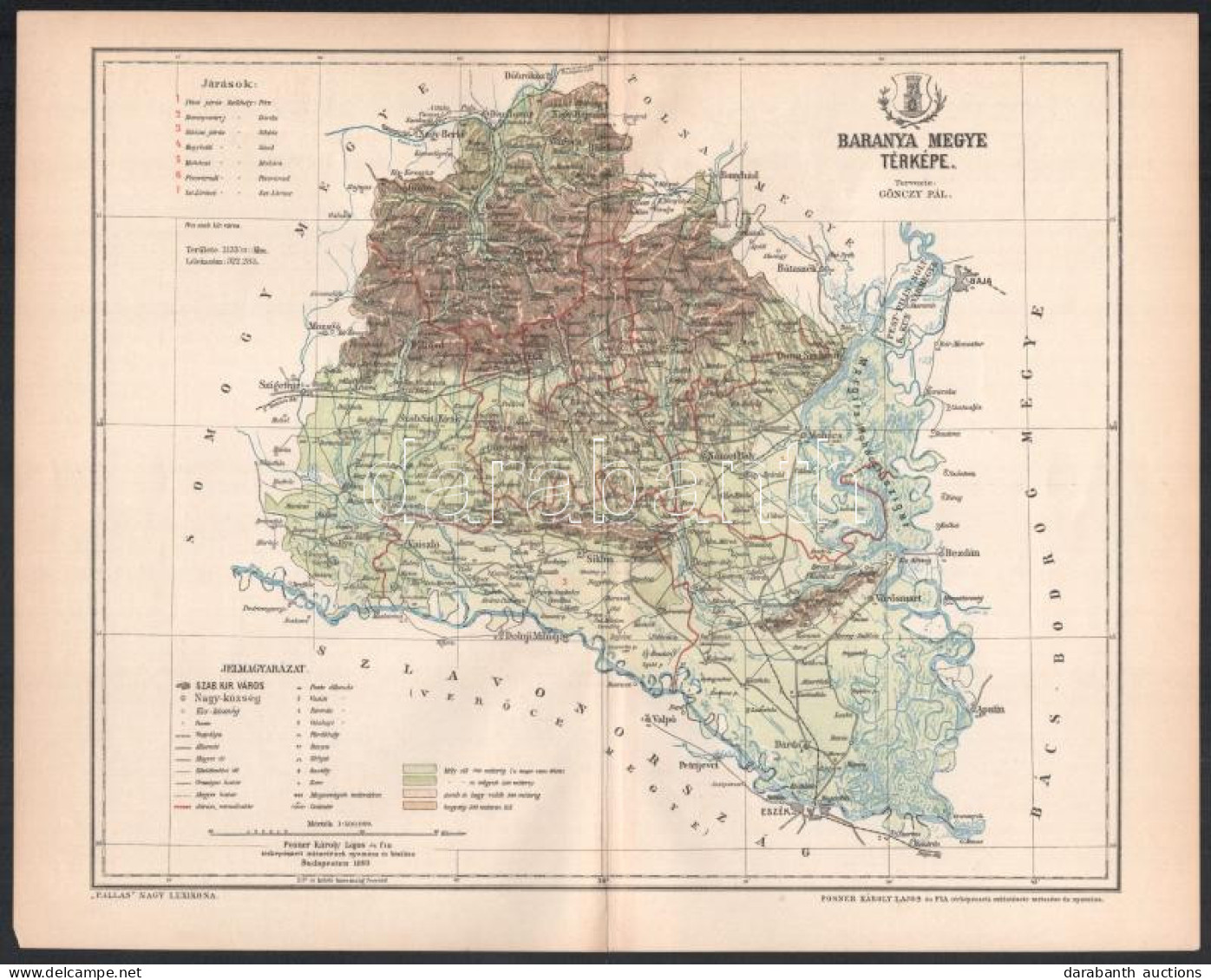 1893 Baranya Megye Térképe, Tervezte: Gönczy Pál, 1 : 500.000, Bp., Posner Károly Lajos és Fia, A Pallas Nagy Lexikona M - Sonstige & Ohne Zuordnung