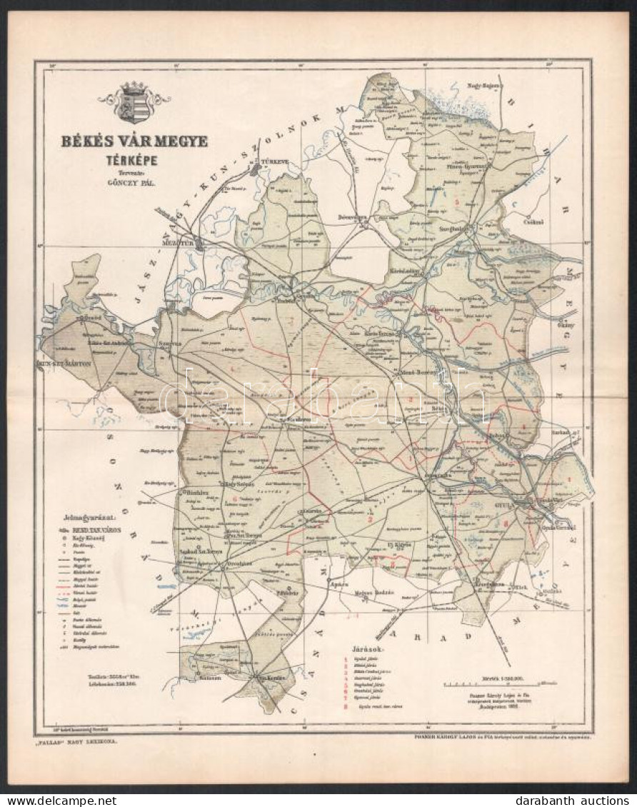 1896 Békés Vármegye Térképe, Tervezte: Gönczy Pál, 1 : 380.000, Bp., Posner Károly Lajos és Fia, A Pallas Nagy Lexikona  - Sonstige & Ohne Zuordnung