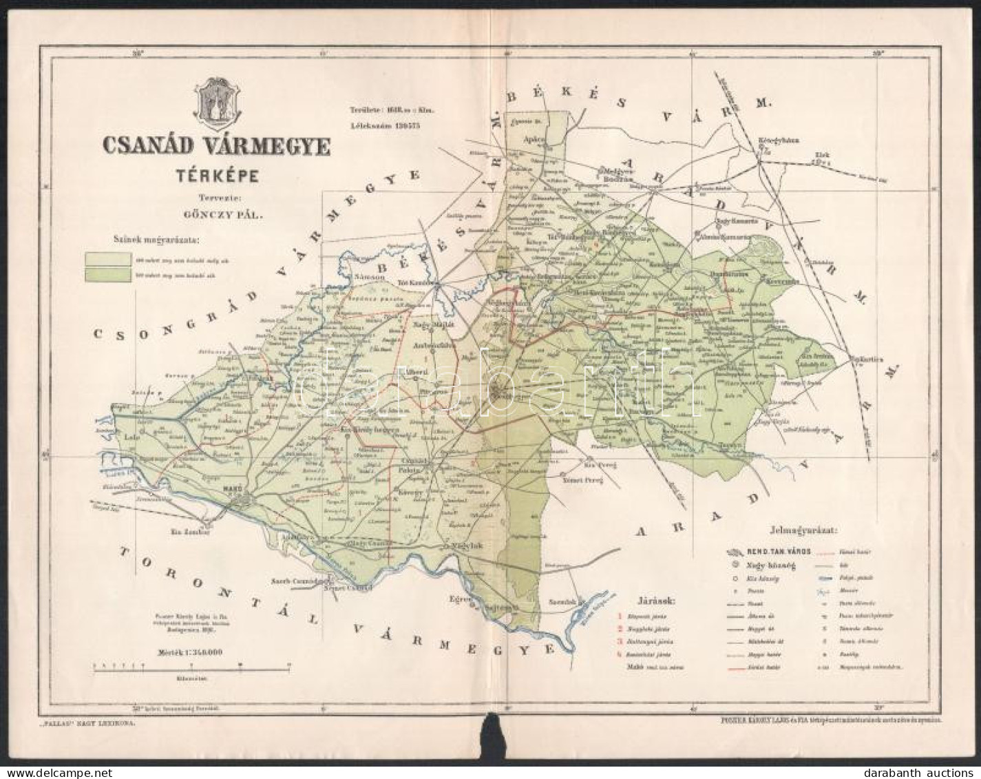 1896 Csanád Vármegye Térképe, Tervezte: Gönczy Pál, 1 : 340.000, Bp., Posner Károly Lajos és Fia, A Pallas Nagy Lexikona - Sonstige & Ohne Zuordnung