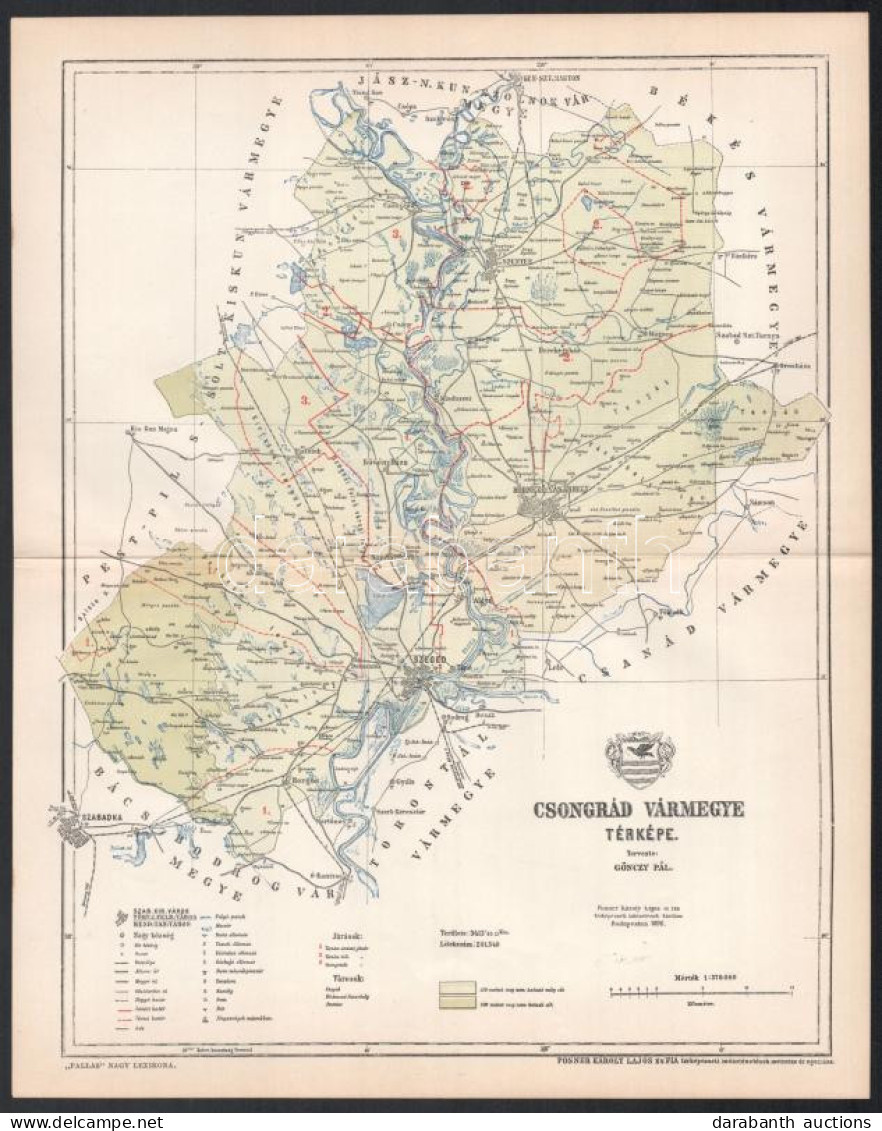 1896 Csongrád Vármegye Térképe, Tervezte: Gönczy Pál, 1 : 370.000, Bp., Posner Károly Lajos és Fia, A Pallas Nagy Lexiko - Other & Unclassified