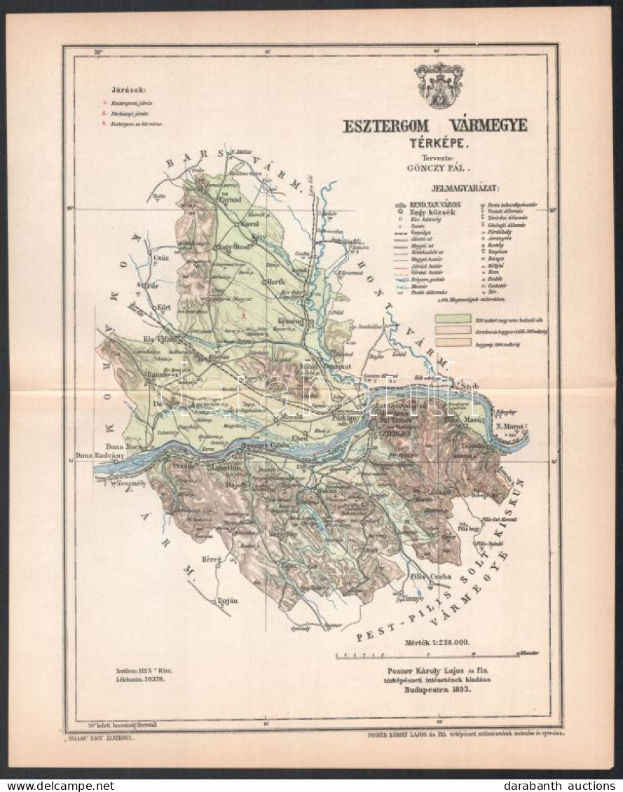 1893 Esztergom Vármegye Térképe, Tervezte: Gönczy Pál, 1 : 236.000, Bp., Posner Károly Lajos és Fia, A Pallas Nagy Lexik - Sonstige & Ohne Zuordnung