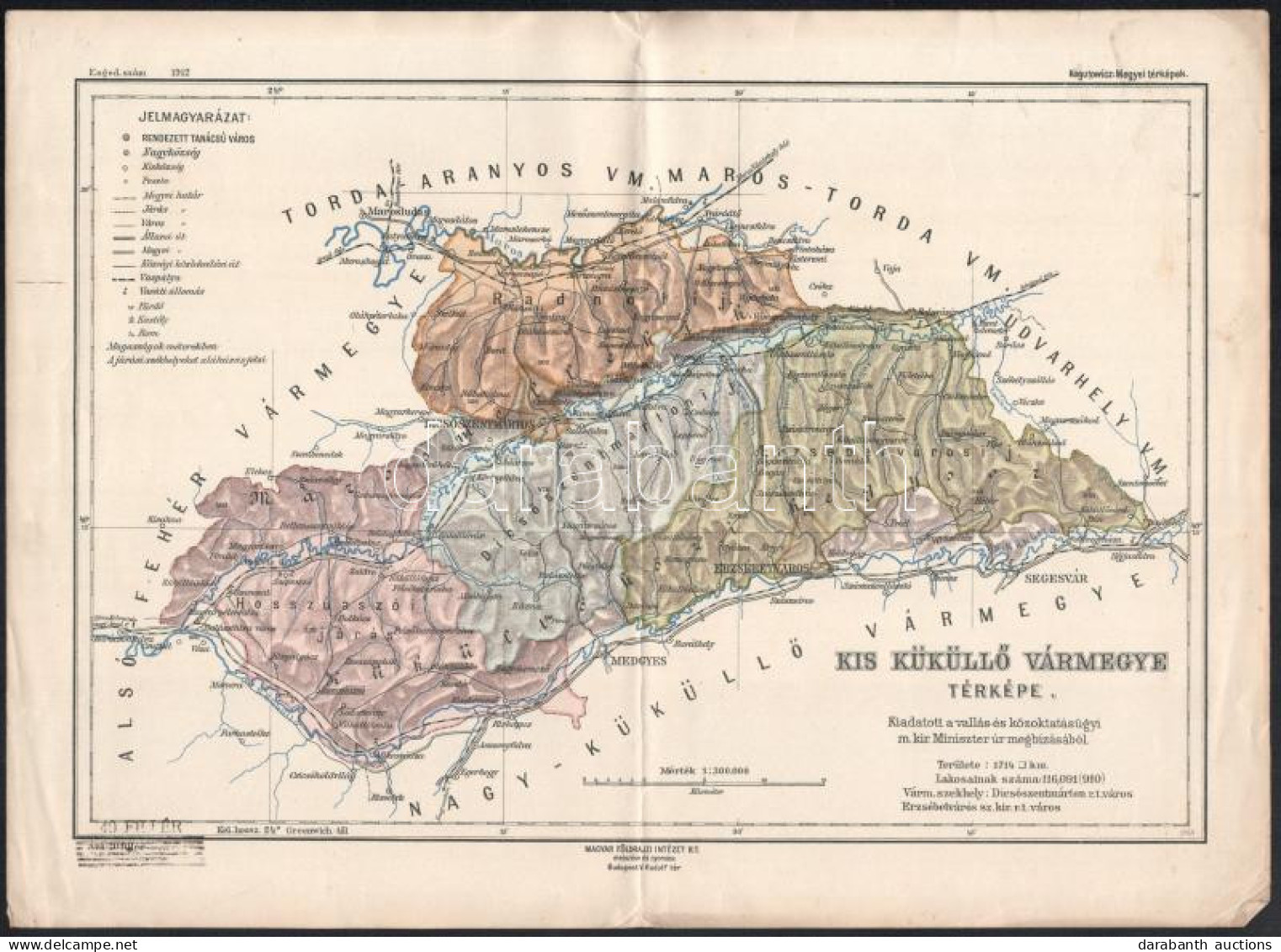 1913 Kis-Küküllő Vármegye Térképe (Kogutowicz: Megyei Térképek), 1 : 300.000, Bp., Magyar Földrajzi Intézet Rt., 25x34,5 - Sonstige & Ohne Zuordnung