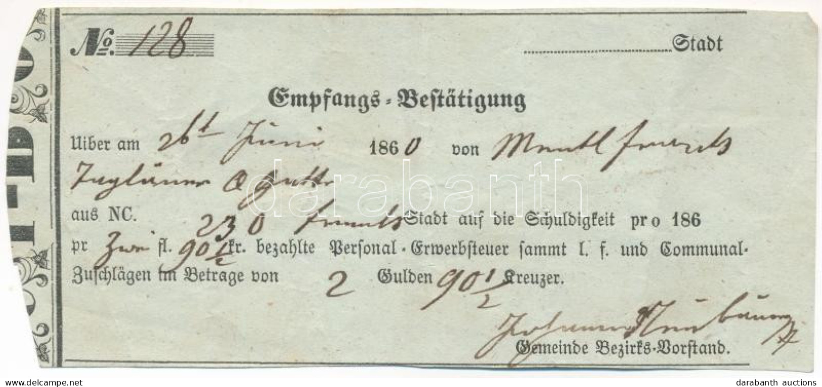 1860. Átvételi Elismervény (Empfangsbestätigung) 2Ft 90 1/2kr-ról - Unclassified